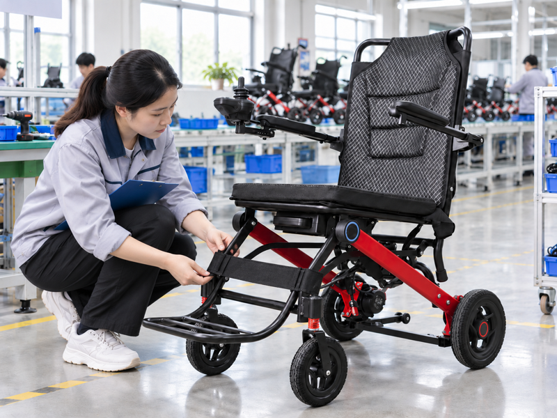 Illustrative East Asian product team reviewing the footplate strap on a complete power chair in mainland China