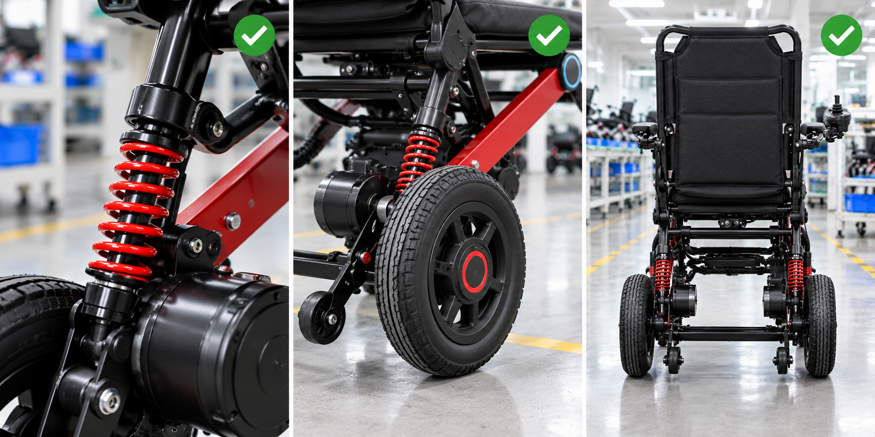 Photoreal power chair suspension spring procurement chart covering identity, measurement, inspection, service and record