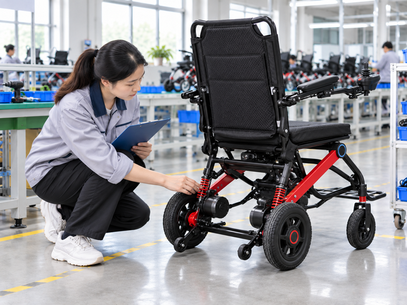 Illustrative East Asian product team reviewing the suspension spring on a complete power chair in mainland China