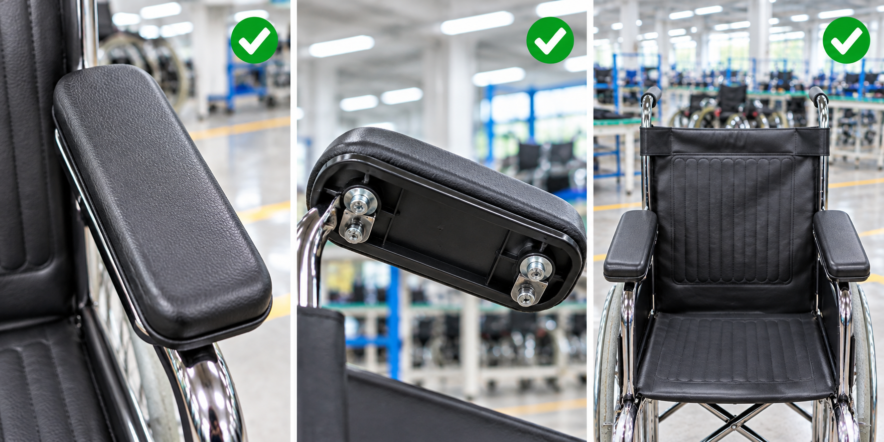Photoreal manual wheelchair armrest pad procurement chart covering identity, measurement, inspection, service and record