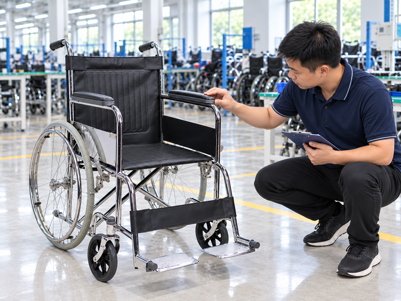 Illustrative East Asian product team reviewing the armrest pad on a complete manual wheelchair in mainland China