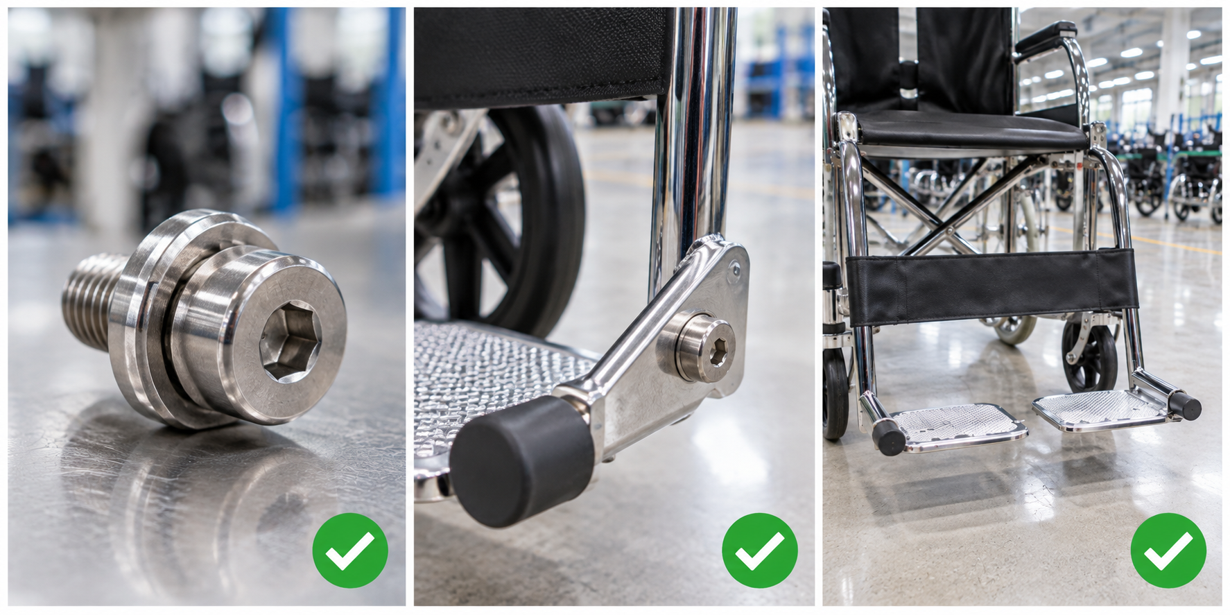 Photoreal manual wheelchair footplate angle bolt procurement chart covering identity, measurement, inspection, service and record