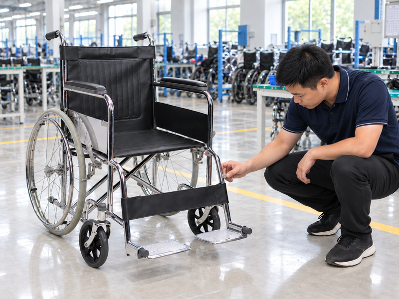 Illustrative East Asian product team reviewing the footplate angle bolt on a complete manual wheelchair in mainland China