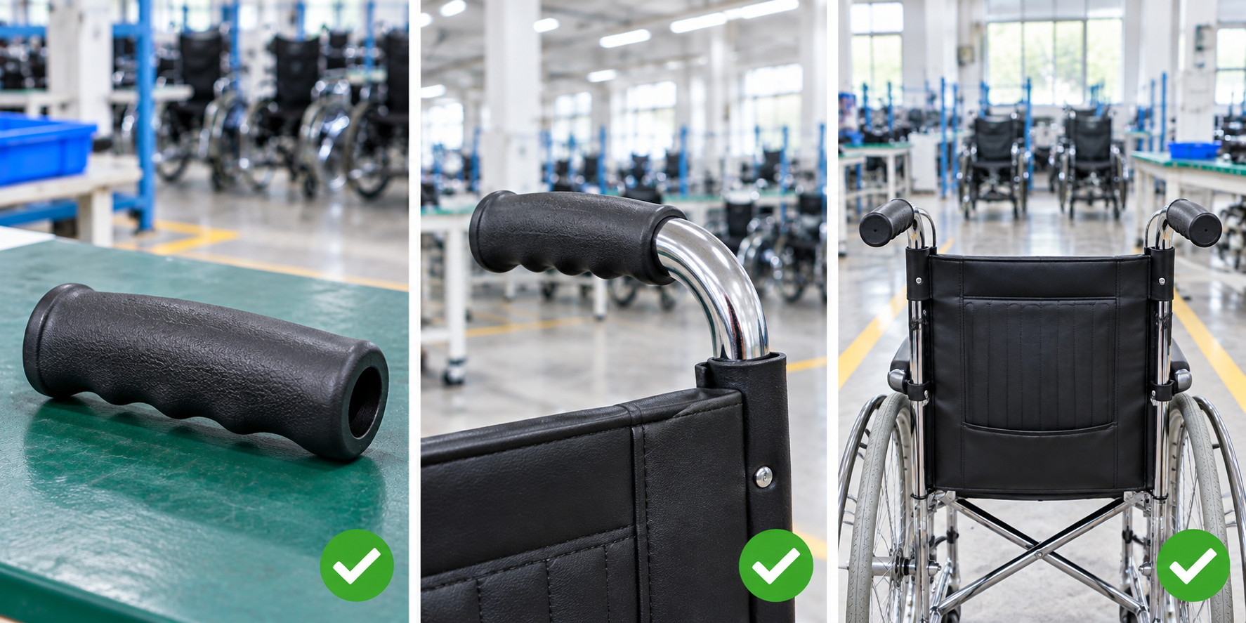 Photoreal manual wheelchair push handle grip procurement chart covering identity, measurement, inspection, service and record