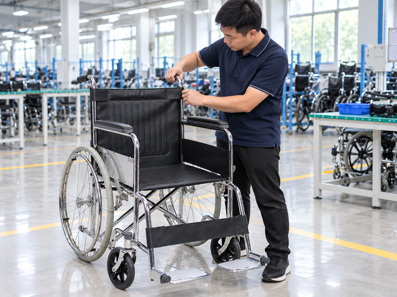 Illustrative East Asian product team reviewing the push handle grip on a complete manual wheelchair in mainland China