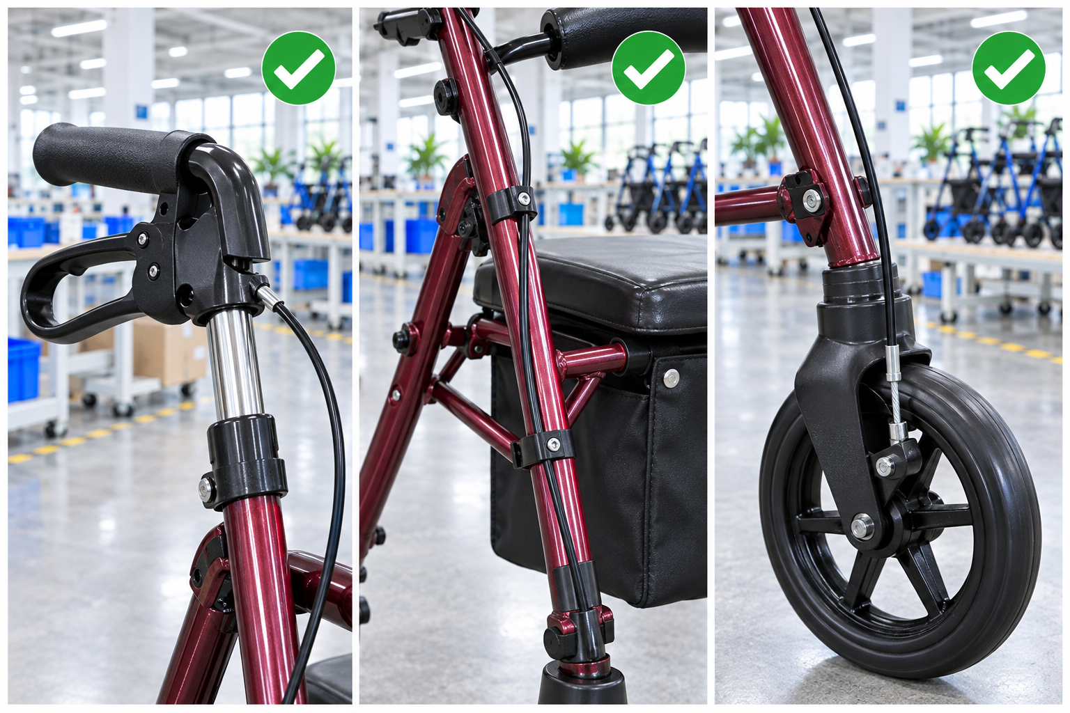 Photoreal rollator brake cable housing procurement chart covering identity, measurement, inspection, service and record