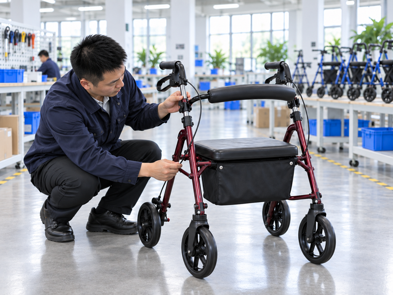 Illustrative East Asian product team reviewing the brake cable housing on a complete rollator in mainland China