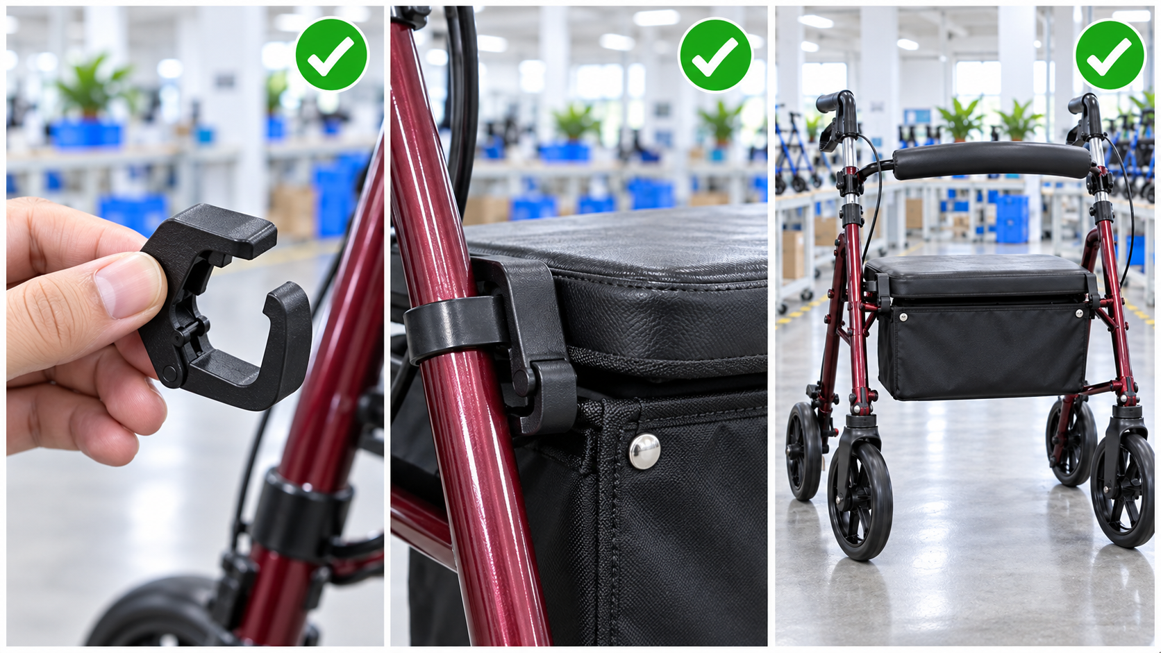 Photoreal rollator storage bag clip procurement chart covering identity, measurement, inspection, service and record