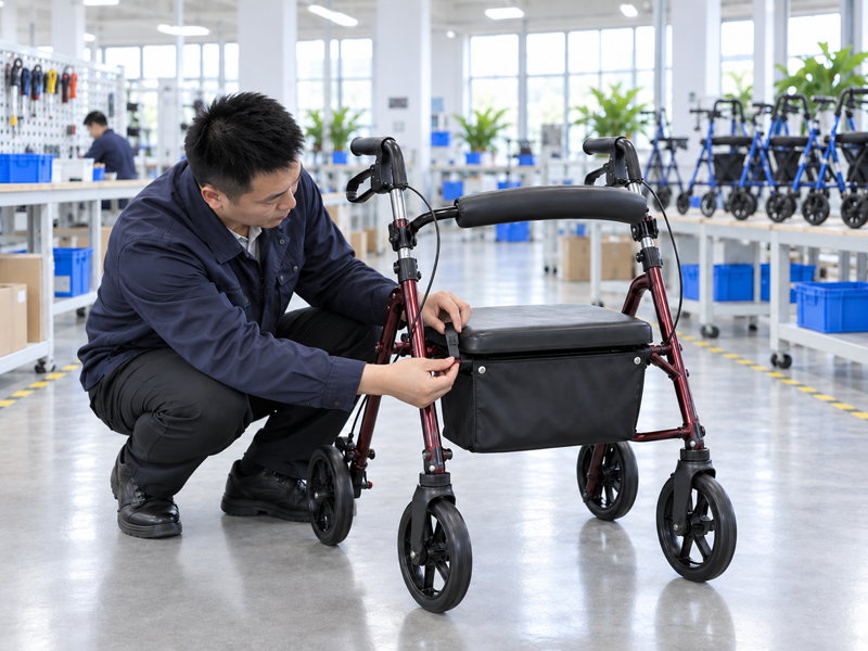 Illustrative East Asian product team reviewing the storage bag clip on a complete rollator in mainland China