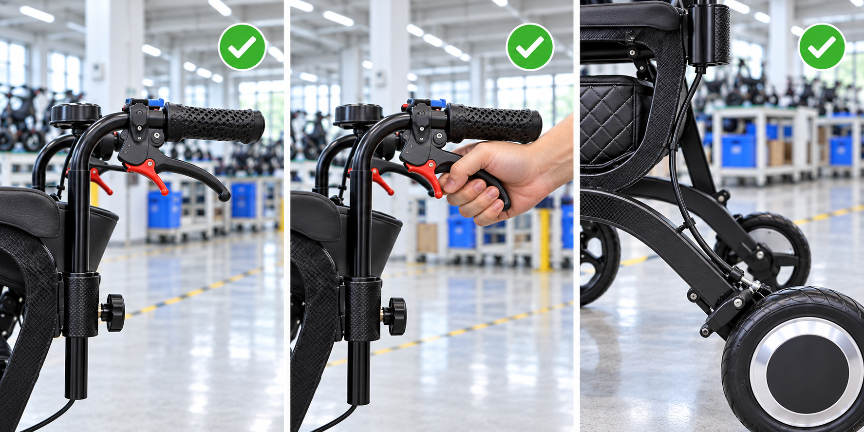 Photoreal electric walker brake lever procurement chart covering identity, measurement, inspection, service and record