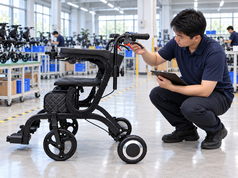 Illustrative East Asian product team reviewing the brake lever on a complete electric walker in mainland China