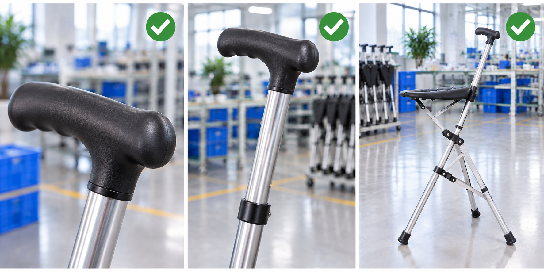 Photoreal cane seat handle grip procurement chart covering identity, measurement, inspection, service and record