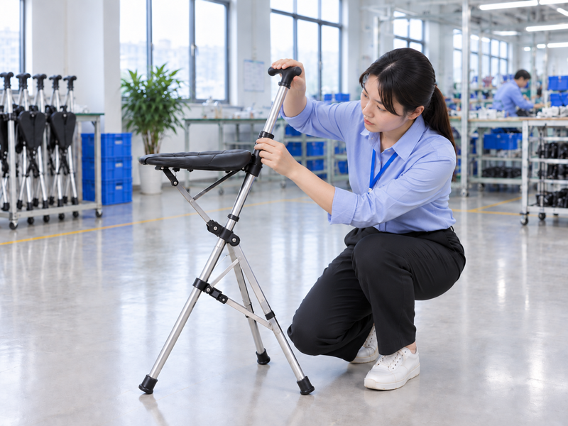 Illustrative East Asian product team reviewing the handle grip on a complete cane seat in mainland China