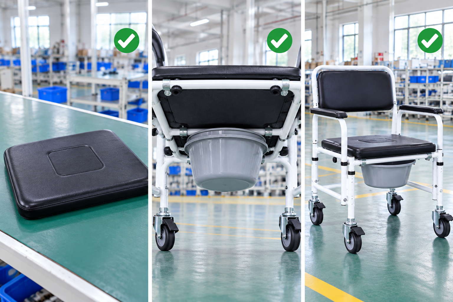 Photoreal commode chair seat cushion procurement chart covering identity, measurement, inspection, service and record