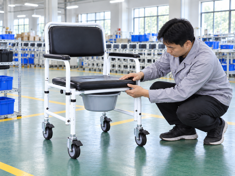 Illustrative East Asian product team reviewing the seat cushion on a complete commode chair in mainland China
