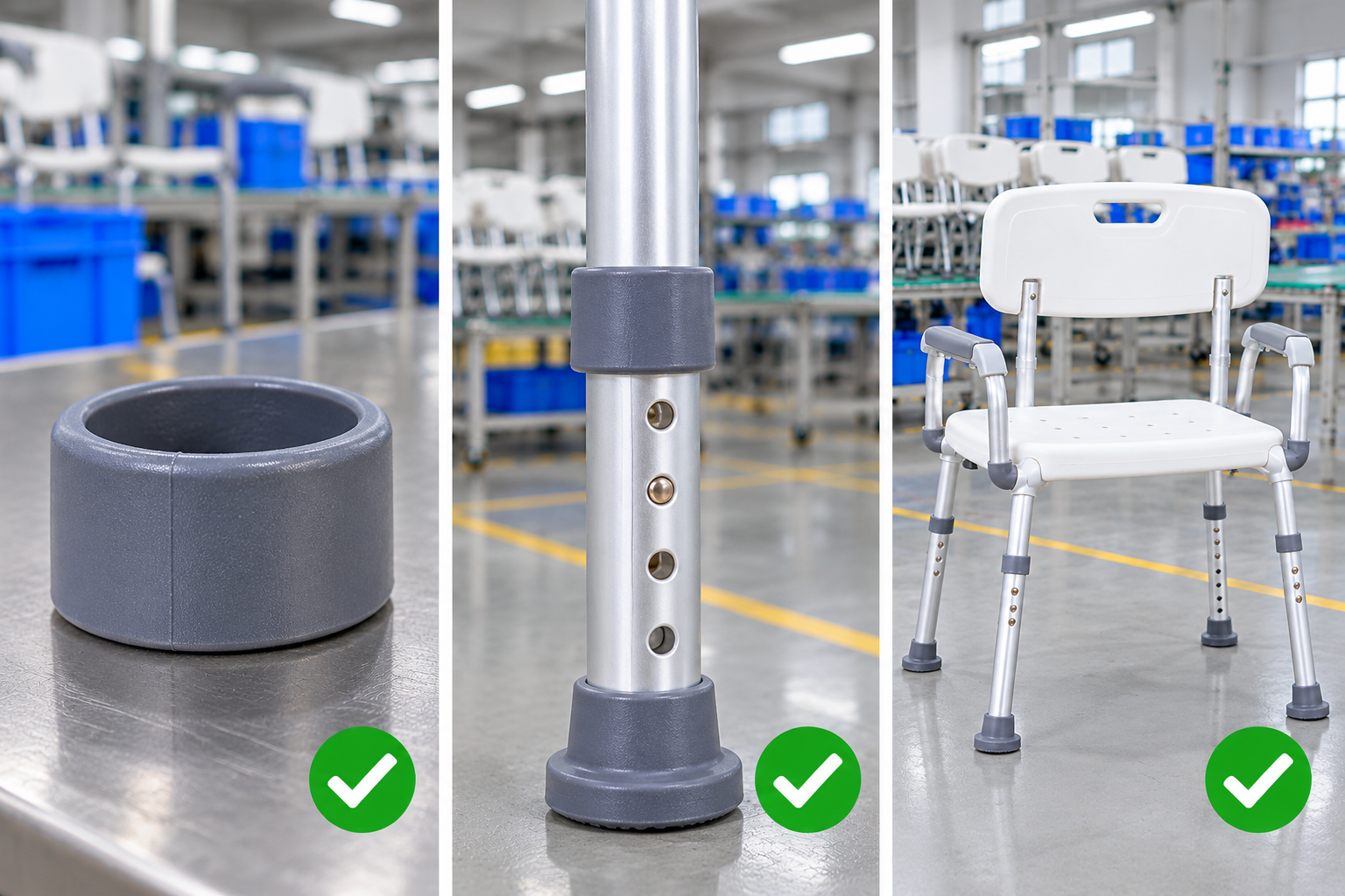 Photoreal shower chair leg collar procurement chart covering identity, measurement, inspection, service and record