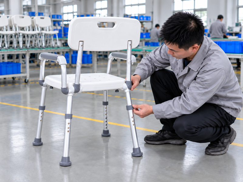 Illustrative East Asian product team reviewing the leg collar on a complete shower chair in mainland China