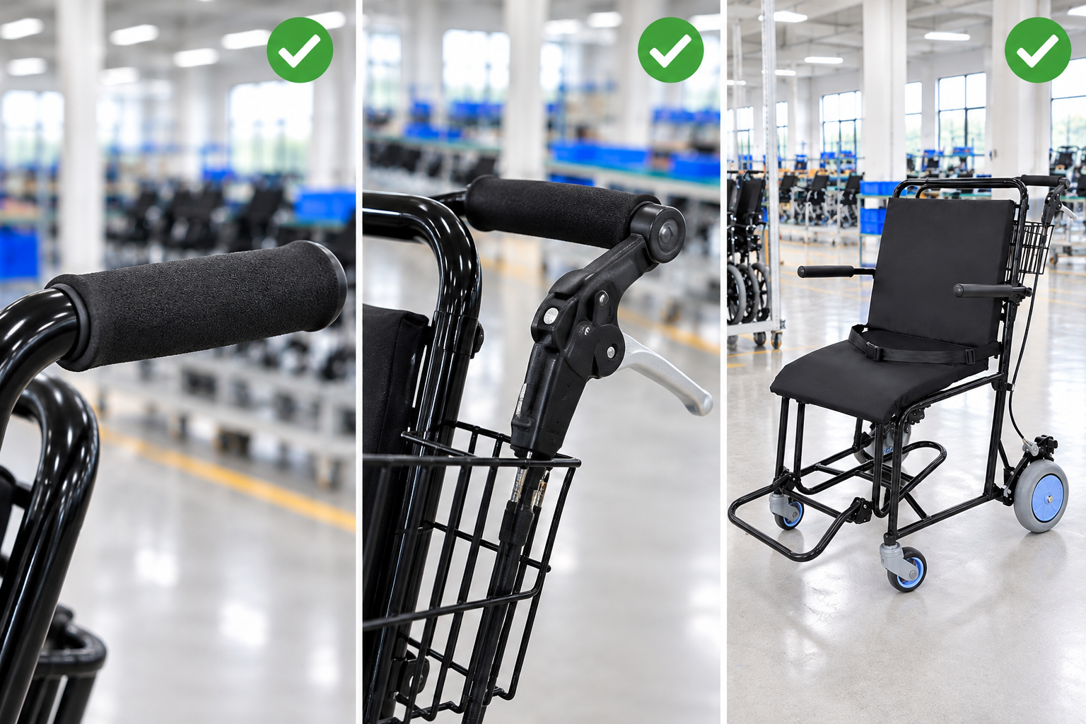 Photoreal airport chair handle grip procurement chart covering identity, measurement, inspection, service and record