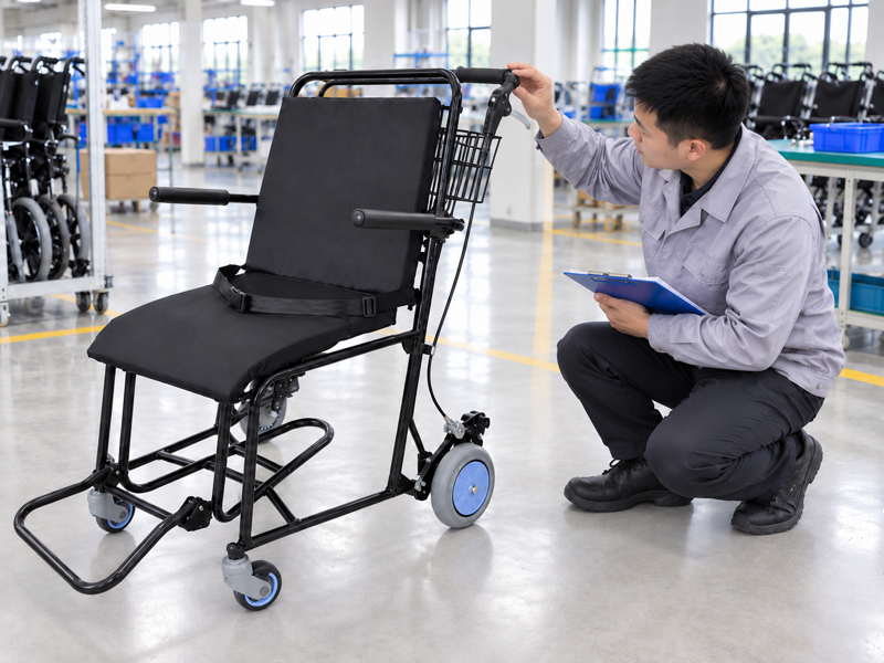 Illustrative East Asian product team reviewing the handle grip on a complete airport chair in mainland China