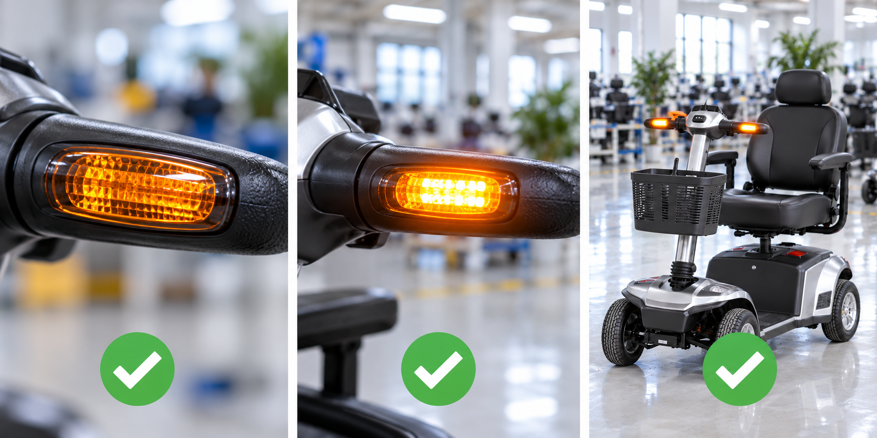 Photoreal mobility scooter indicator lamp review chart showing product identity, component, sample, service check and blank record