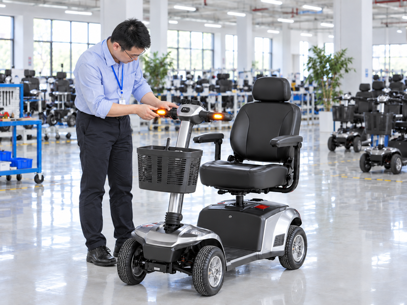 Illustrative East Asian product team reviewing the indicator lamp on a complete mobility scooter in a mainland China showroom