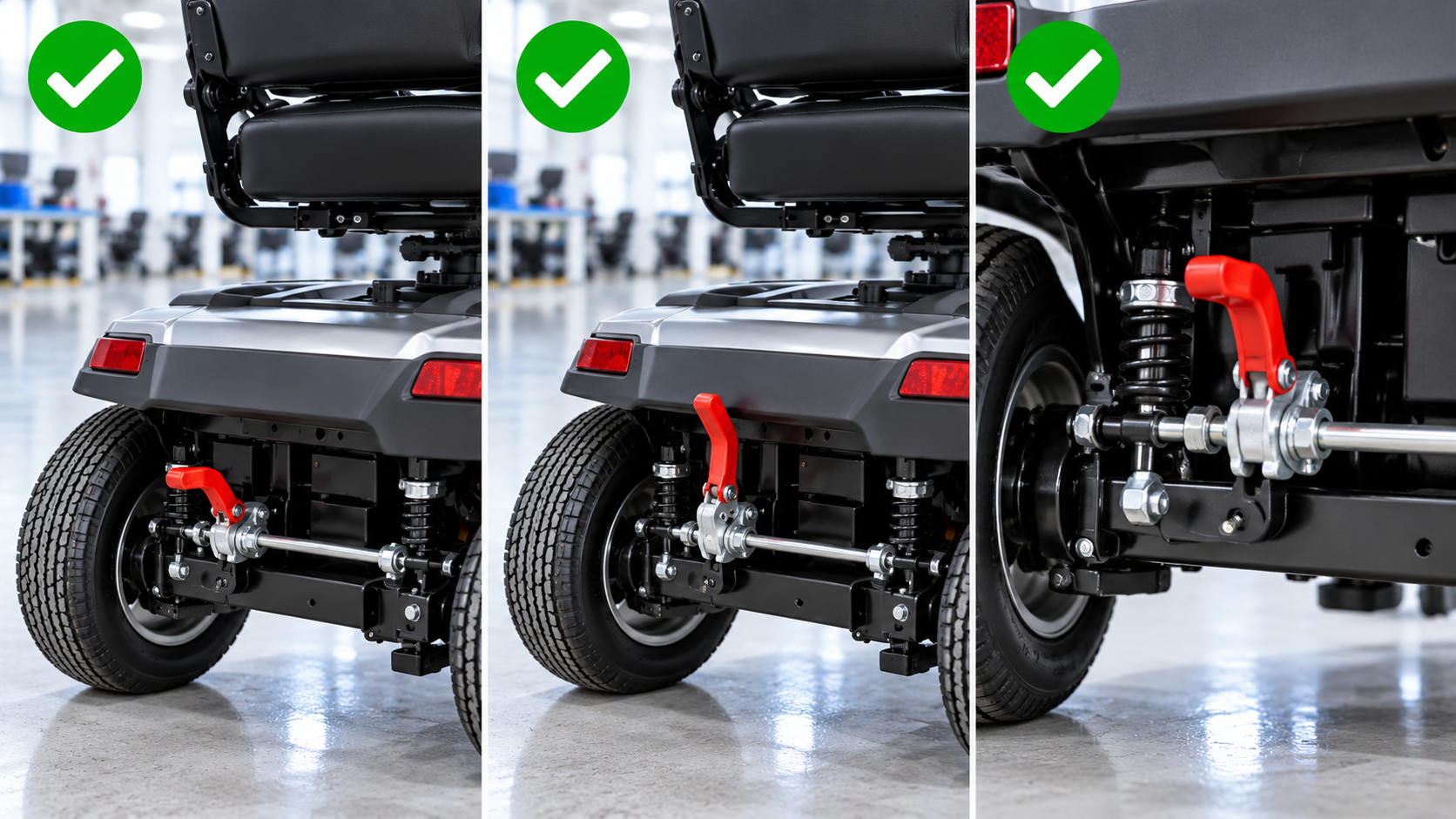 Photoreal mobility scooter brake release lever review chart showing product identity, component, sample, service check and blank record