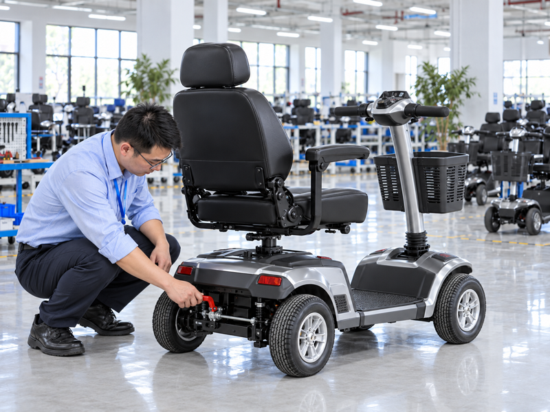 Illustrative East Asian product team reviewing the brake release lever on a complete mobility scooter in a mainland China showroom