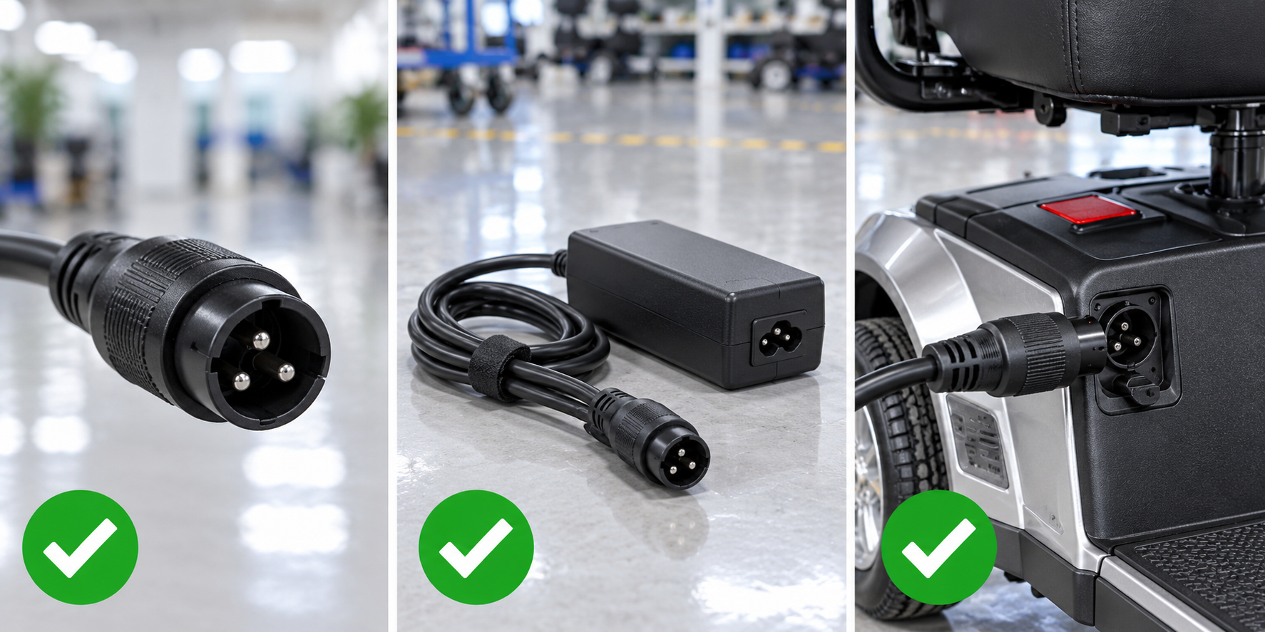 Photoreal mobility scooter charger cable review chart showing product identity, component, sample, service check and blank record