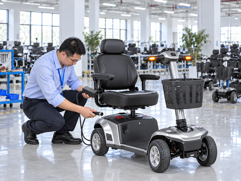 Illustrative East Asian product team reviewing the charger cable on a complete mobility scooter in a mainland China showroom