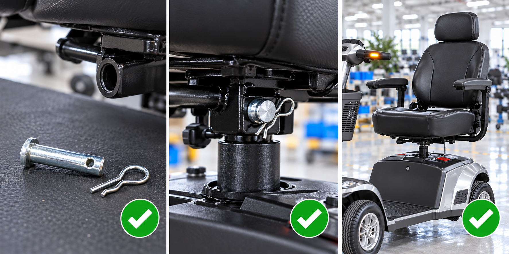 Photoreal mobility scooter seat lock pin review chart showing product identity, component, sample, service check and blank record