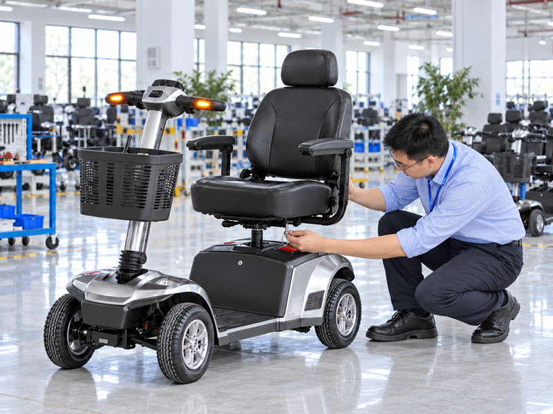Illustrative East Asian product team reviewing the seat lock pin on a complete mobility scooter in a mainland China showroom