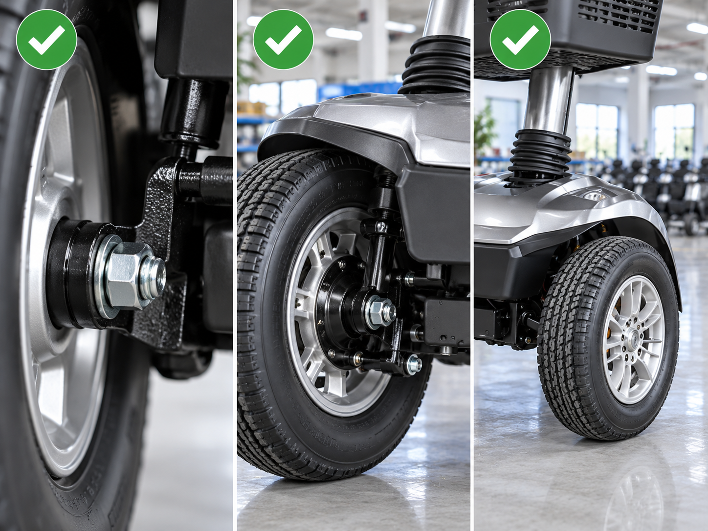 Photoreal mobility scooter front axle review chart showing product identity, component, sample, service check and blank record