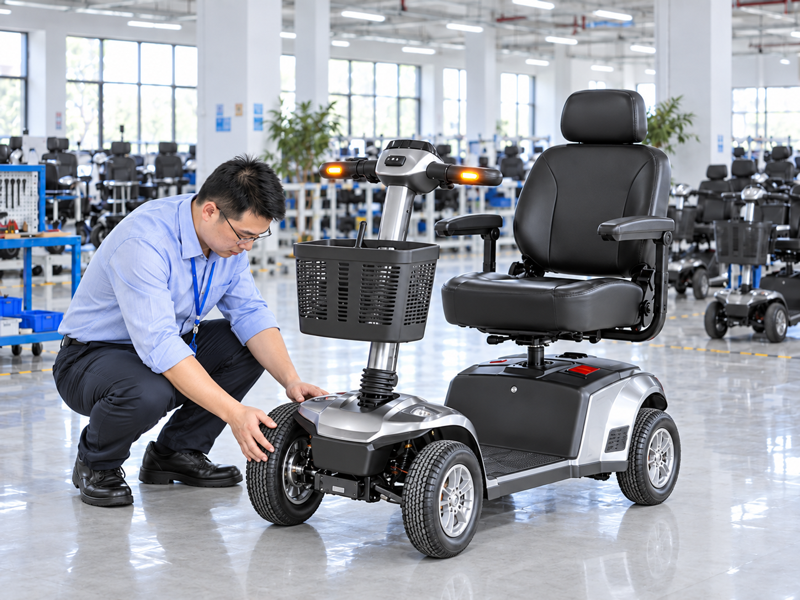 Illustrative East Asian product team reviewing the front axle on a complete mobility scooter in a mainland China showroom