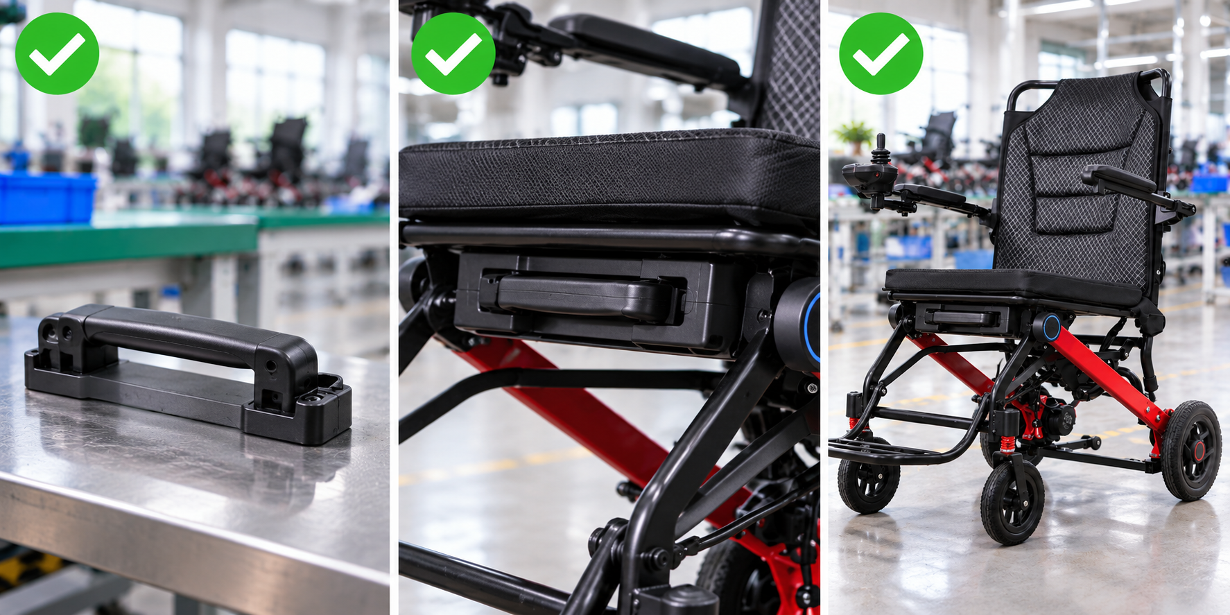 Photoreal power chair battery handle review chart showing product identity, component, sample, service check and blank record
