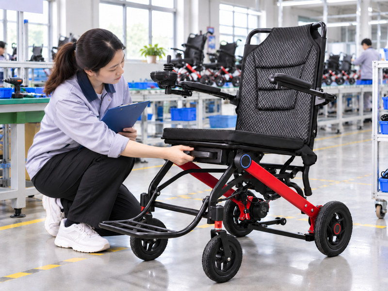 Illustrative East Asian product team reviewing the battery handle on a complete power chair in a mainland China showroom