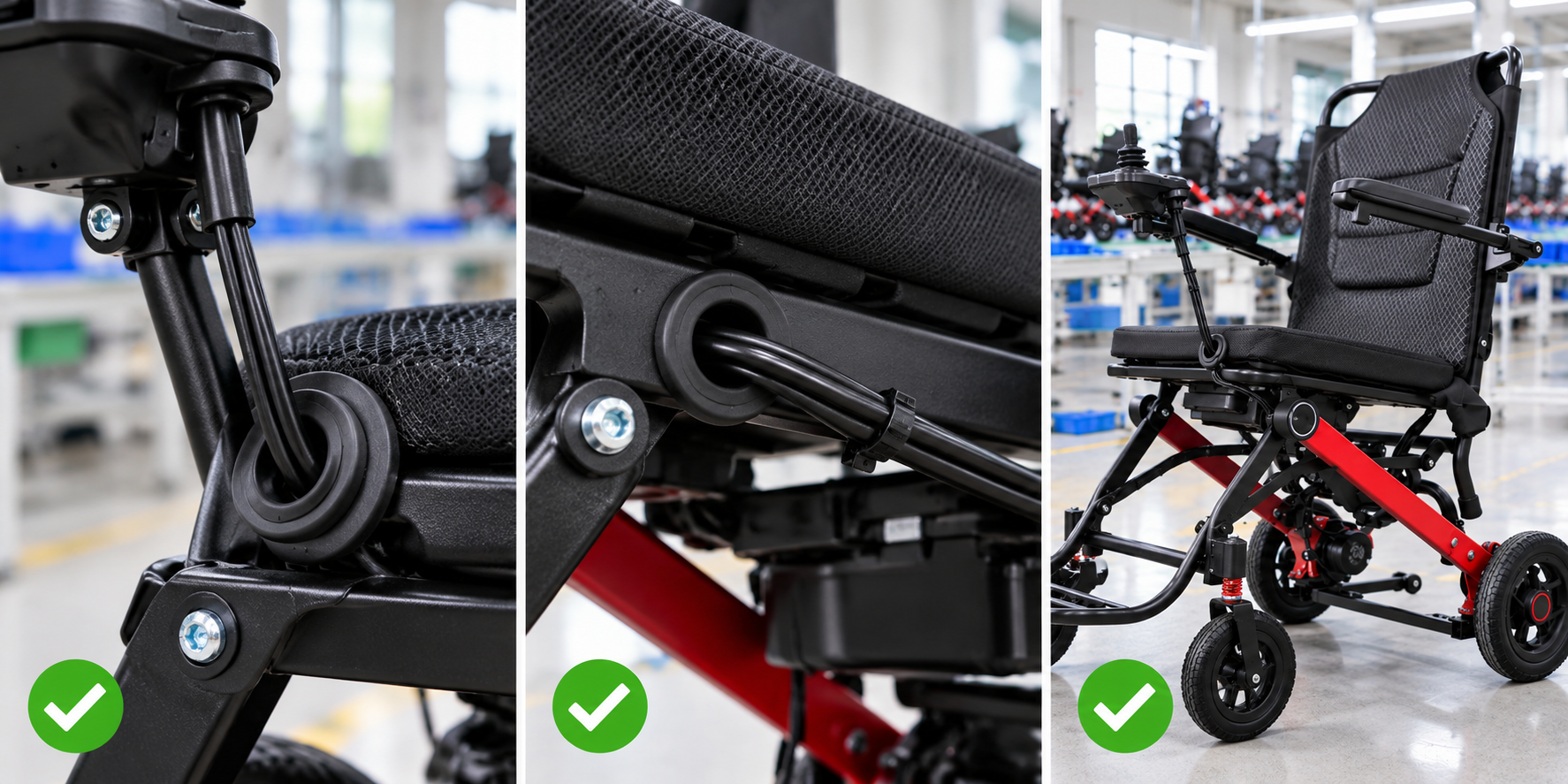 Photoreal power chair cable grommet review chart showing product identity, component, sample, service check and blank record