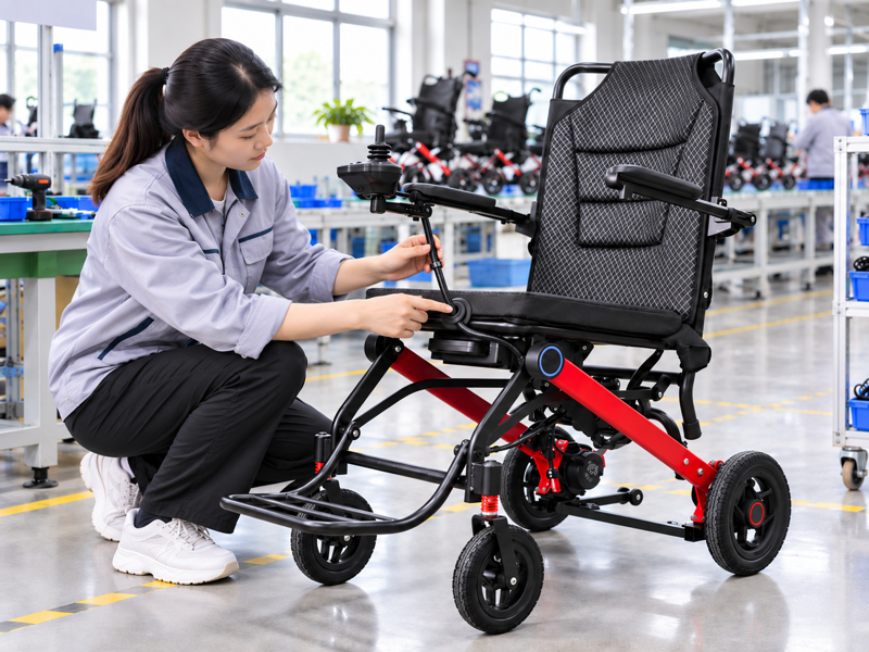 Illustrative East Asian product team reviewing the cable grommet on a complete power chair in a mainland China showroom