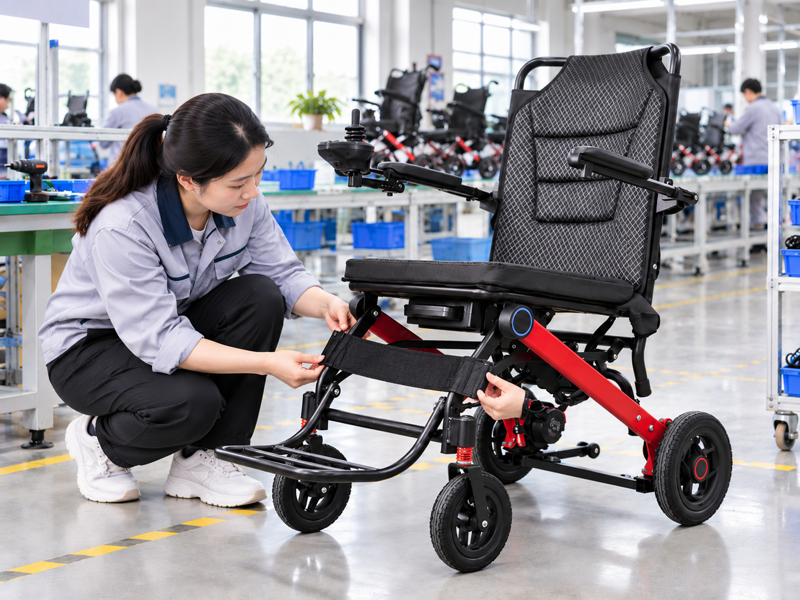 Illustrative East Asian product team reviewing the legrest strap on a complete power chair in a mainland China showroom