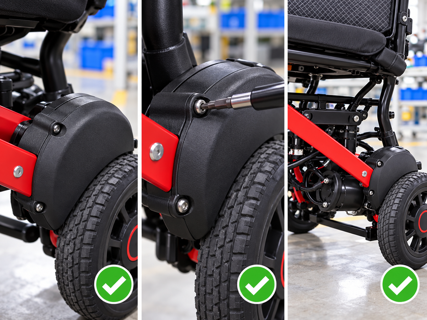 Photoreal power chair motor cover review chart showing product identity, component, sample, service check and blank record