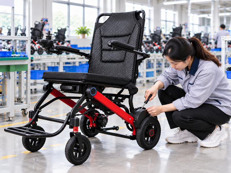 Illustrative East Asian product team reviewing the motor cover on a complete power chair in a mainland China showroom