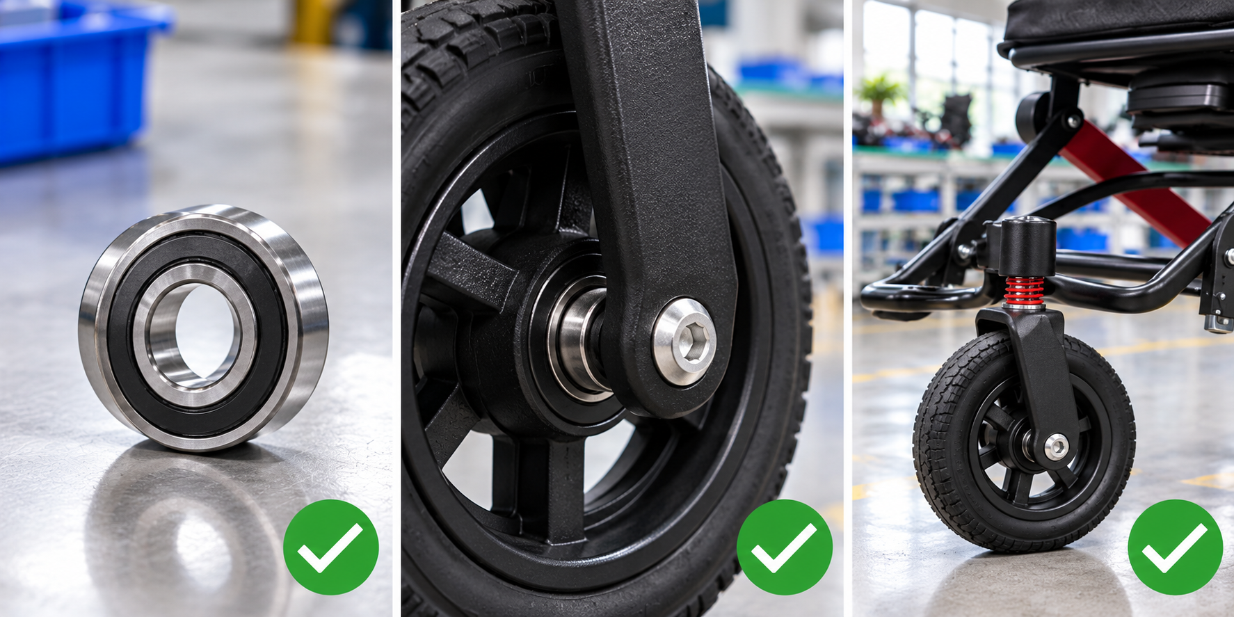 Photoreal power chair caster bearing review chart showing product identity, component, sample, service check and blank record
