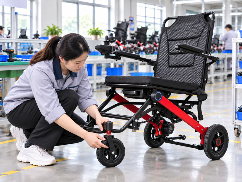 Illustrative East Asian product team reviewing the caster bearing on a complete power chair in a mainland China showroom