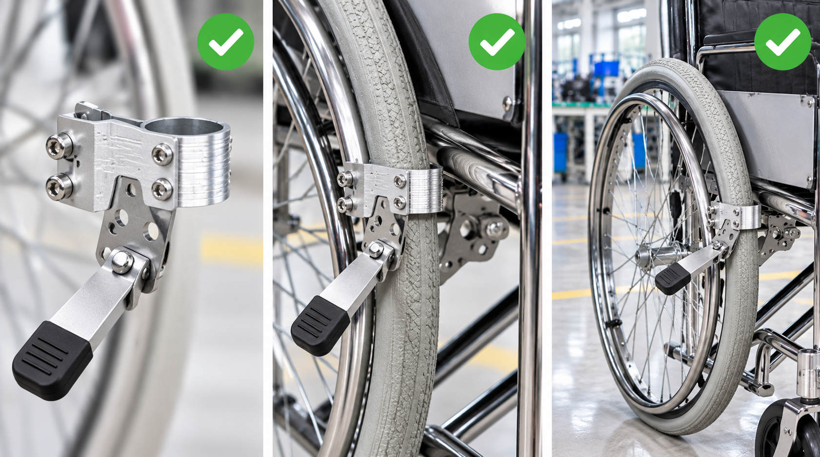 Photoreal manual wheelchair wheel lock mount review chart showing product identity, component, sample, service check and blank record
