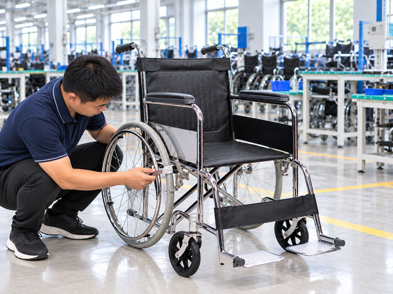 Illustrative East Asian product team reviewing the wheel lock mount on a complete manual wheelchair in a mainland China showroom