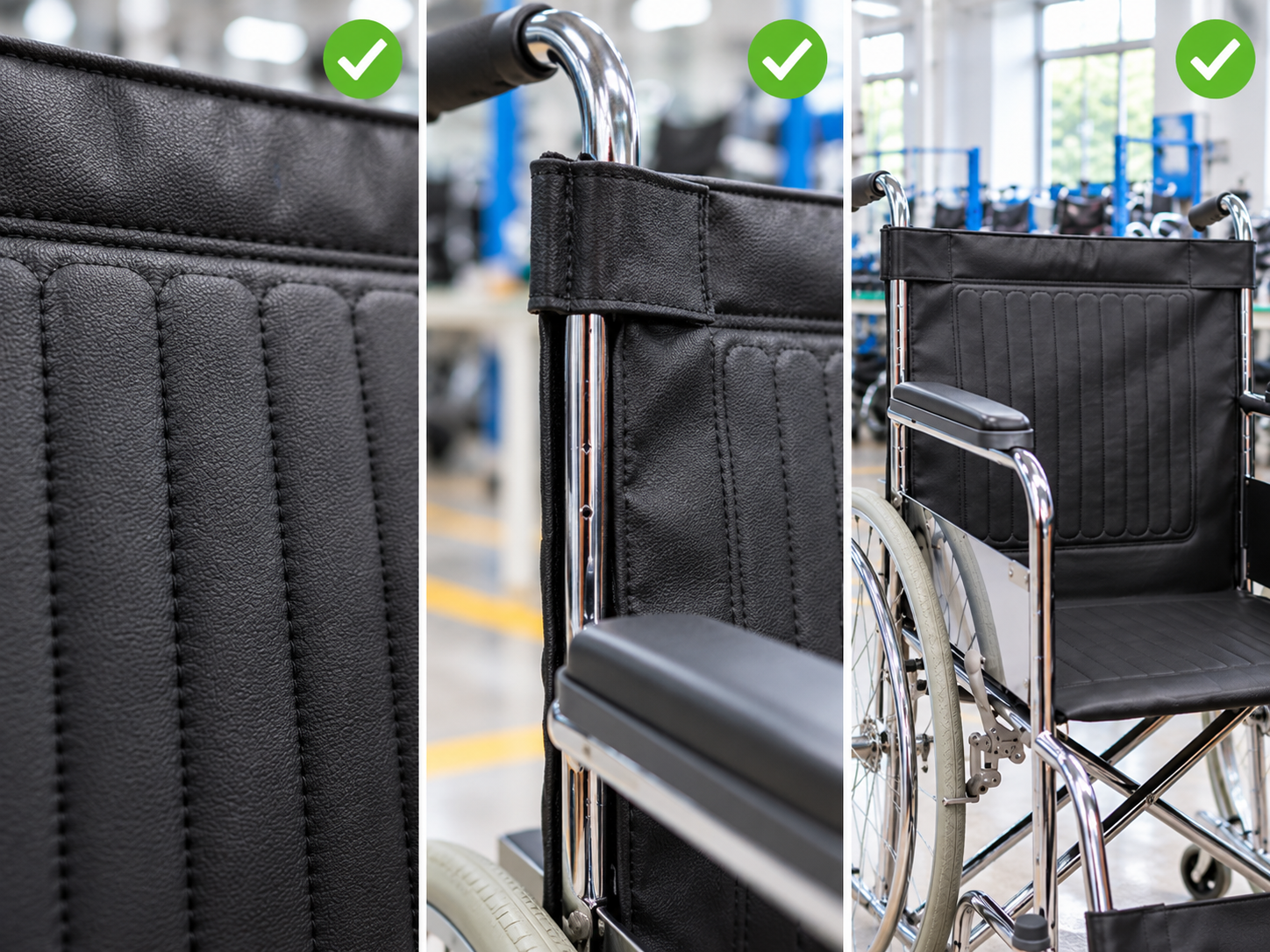 Photoreal manual wheelchair backrest cover review chart showing product identity, component, sample, service check and blank record