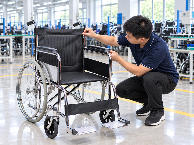 Illustrative East Asian product team reviewing the backrest cover on a complete manual wheelchair in a mainland China showroom