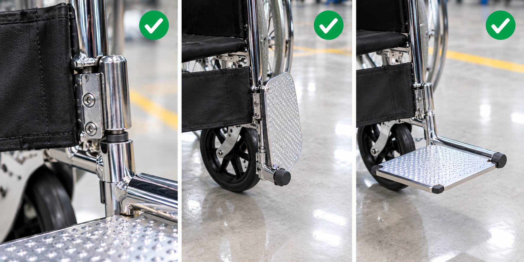 Photoreal manual wheelchair footplate hinge review chart showing product identity, component, sample, service check and blank record