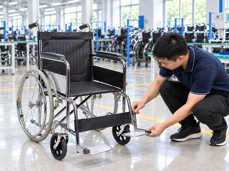 Illustrative East Asian product team reviewing the footplate hinge on a complete manual wheelchair in a mainland China showroom