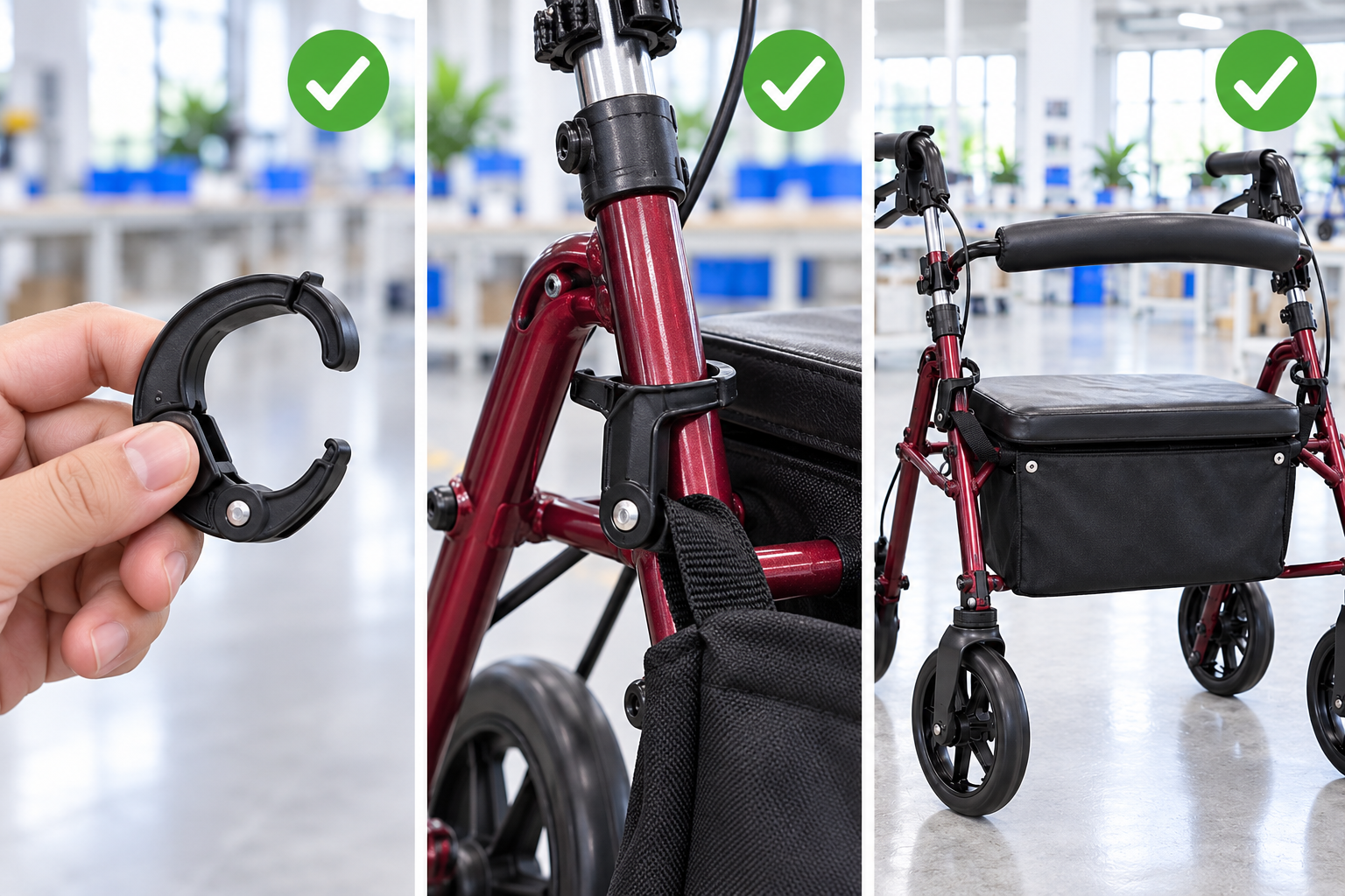 Photoreal rollator bag hook review chart showing product identity, component, sample, service check and blank record
