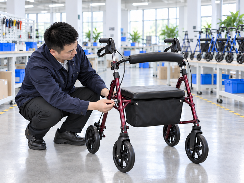 Illustrative East Asian product team reviewing the bag hook on a complete rollator in a mainland China showroom